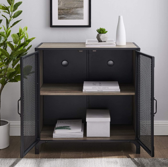 Walker Edison Malcomb industrial metal mesh storage cabinet with 2 doors, 76.2 cm, grey wash