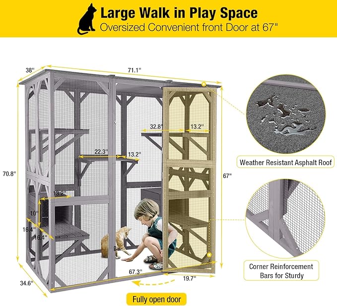 Aivituvin Cat House Outdoor Catio Kitty Enclosure with Super Large Enter Door, Wooden Cat Cage Condo Indoor Playpen with Platforms & Small House-71 Inch
