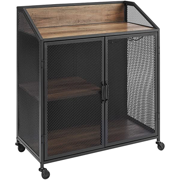 Walker Edison Malcomb Urban Industrial Metal Mesh Double Door Rolling Bar Cabinet, 33 Inch, Rustic Oak Rustic Oak 33 Inch