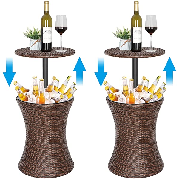 ZENY Cool Bar Rattan Style Patio Pool Cooler Table W/Height Adjustable Top Outdoor Wicker Ice Bucket Cocktail Coffee Table for Party Deck Pool Use, Set of 2