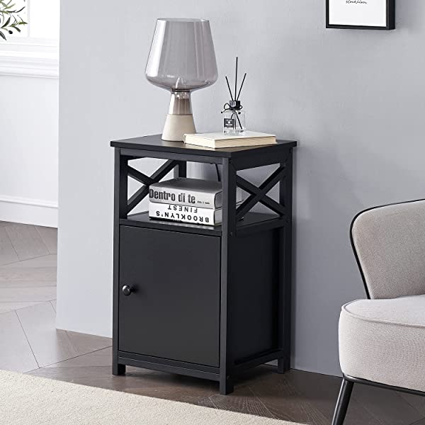 VECELO Modern Versatile Nightstands X-Design Side End Table Night Stand Storage Shelf with Bin Drawer for Living Room Bedroom, Brown+Black Brown+black Modern