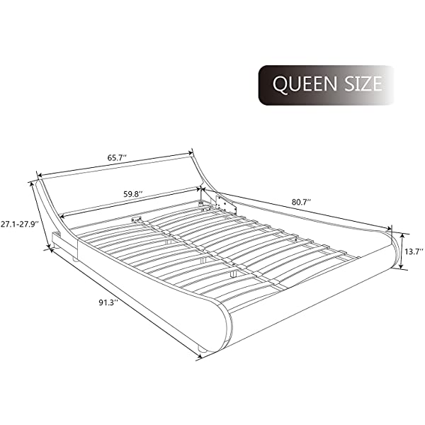 SHA CERLIN King Size Platform Bed, Faux Leather Low Profile Sleigh Bed Frame with Adjustable Headboard, Wood Slat Support, Black & White Black + White King