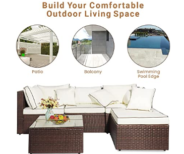 AWQM 5 Pieces Patio Furniture Sets All Weather Outdoor Sectional Sofa Manual Weaving Wicker Rattan Patio Conversation Set with Cushion and Glass Table, Brown