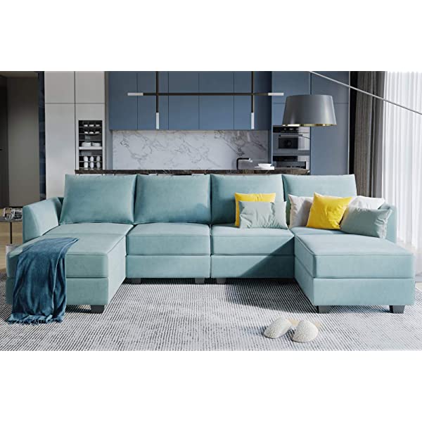 HONBAY Convertible Sectional Sofa U Shaped Couch with Reversible Chaise Modular Oversized Couch Sectional Sofa with Ottomans, Aqua Blue U Shape Sofa-1 Blue