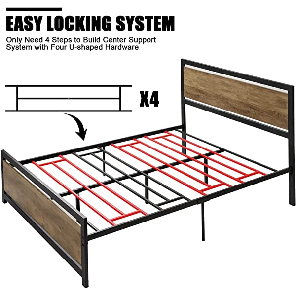 Amerlife Queen Size Bed Frame with Wood Headboard - Metal Platform Bed with Industrial Footboard - Heavy Duty Steel Mattress Foundation/ 4 U-Shaped Support Frames/Rustic Country Style/Easy Assembly Queen Dark Brown