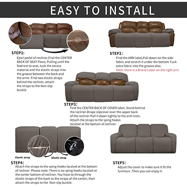 Easy-Going PU Leather Recliner Sofa Slipcovers, Waterproof Stretch Sofa Covers, 8 Pieces Stretch Furniture Protector, Elastic Strap Shield Pets Kids Children Cats Dogs Beige