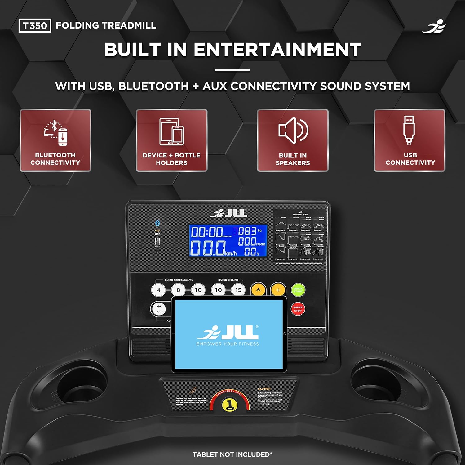 JLL T350 Digital Folding Treadmill, 2024 New Generation Digital Control 4.5HP Motor, 20 Incline Levels,0.3km/h to 18km/h, 20 Programmes, Bluetooth & Speakers, 2-Year Parts&Labor, 5-Year Motor Cover