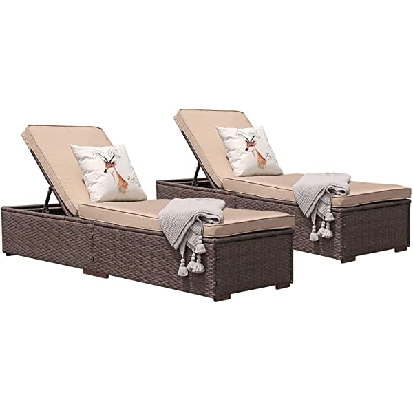 Patiorama Patio Chaise Lounge Chair, Sun Lounger, Outdoor Pool Beach Brown PE Rattan Wicker Reclining Chair W/Adjustable Backrest and Removable Cushion (Beige), Set of 2 2 Brown