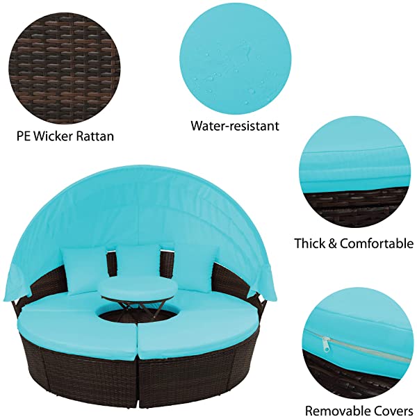 Merax All-Weather Outdoor Sectional Sofa Conversation Set Rattan Daybed Sunbed with Retractable Canopy, Separate Seating and Removable Blue Cushions Brown+blue