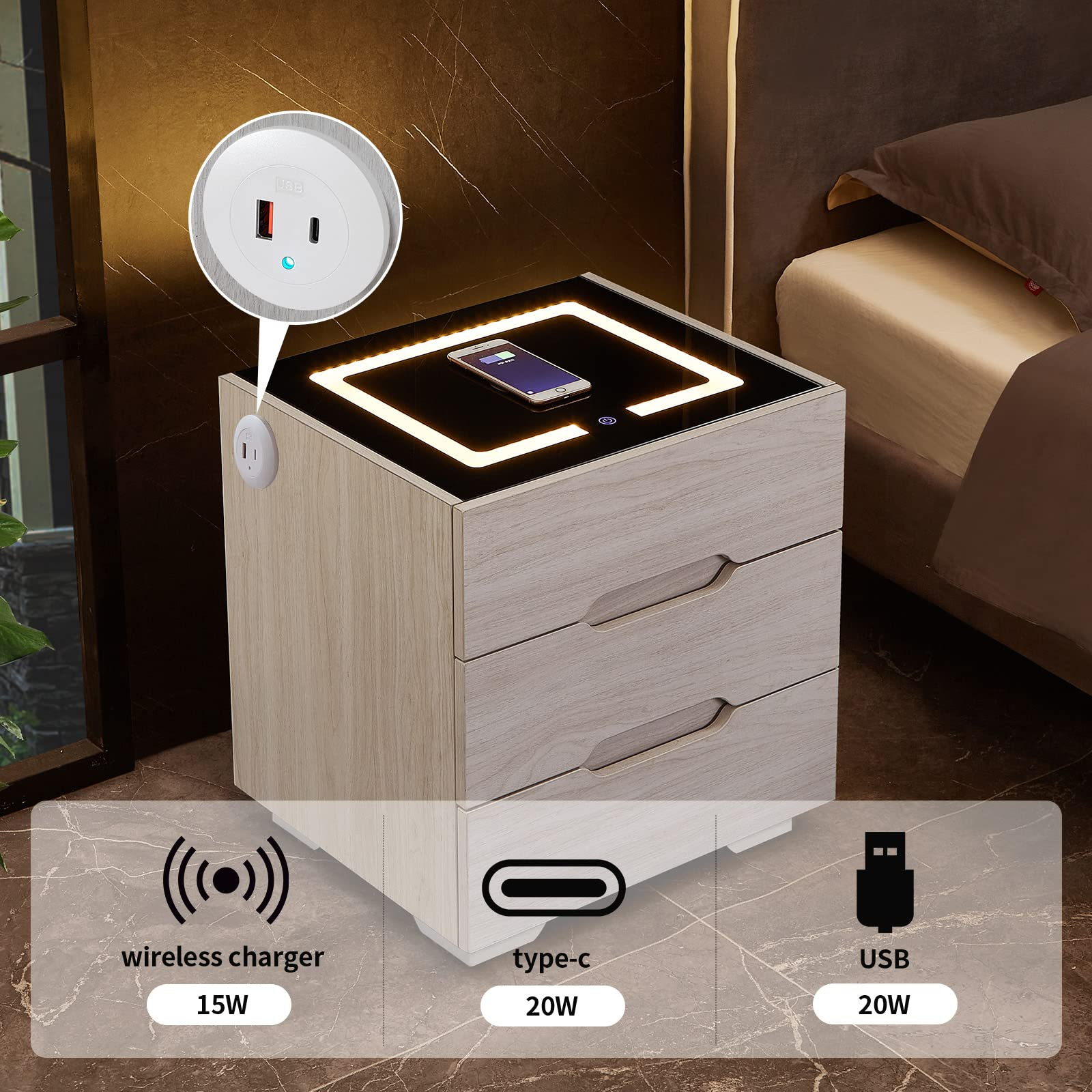 【Furniture】Nightstands Wireless Charging Station and LED Lights, Modern End Side Table with 3 Drawer