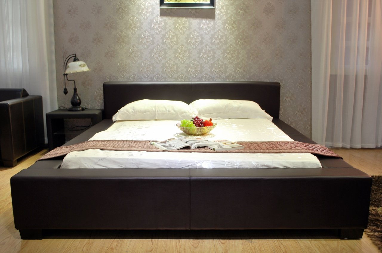 【Furniture】Classic Symmetrical Bed, California King Size Bed Frame, Color Black Upholstered Platform Bed