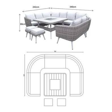 Weave Garden Furniture Danielle Grey Rattan U Shaped Corner Sofa Dining Set with FireDrinks Pit