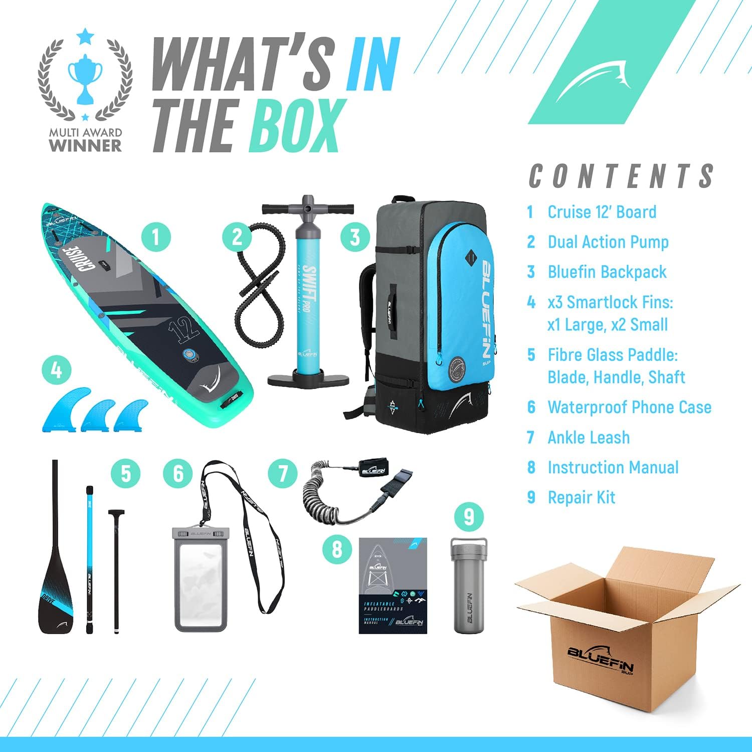 Bluefin Cruise SUP Inflatable Stand Up Paddle Board | Premium Paddleboard Accessories | Multiple sizes: Kids, 9'8, 10'4, 10’8, 12’, 15'