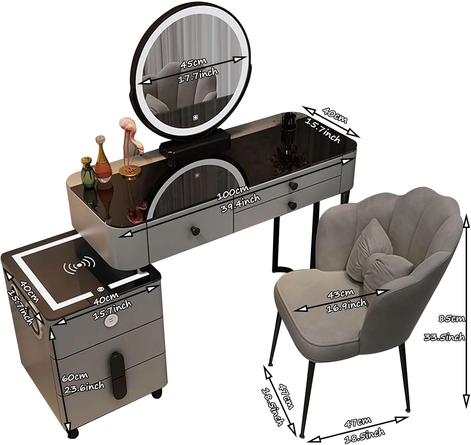 GOOCOO Dressing Table - Makeup Vanity Desk with Wireless Charging Station and Bluetooth Speaker - Vanity Set Contains Makeup Mirror, 5 Drawers and Makeup Stool for Bedroom