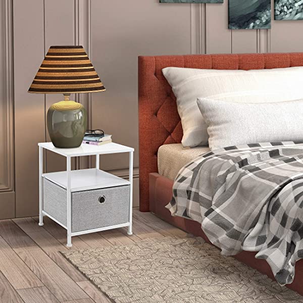 Sorbus Nightstand 1-Drawer Shelf Storage- Bedside Furniture & Accent End Table Chest for Home, Bedroom, Office, College Dorm, Steel Frame, Wood Top, Easy Pull Fabric Bins (Rustic Wood)