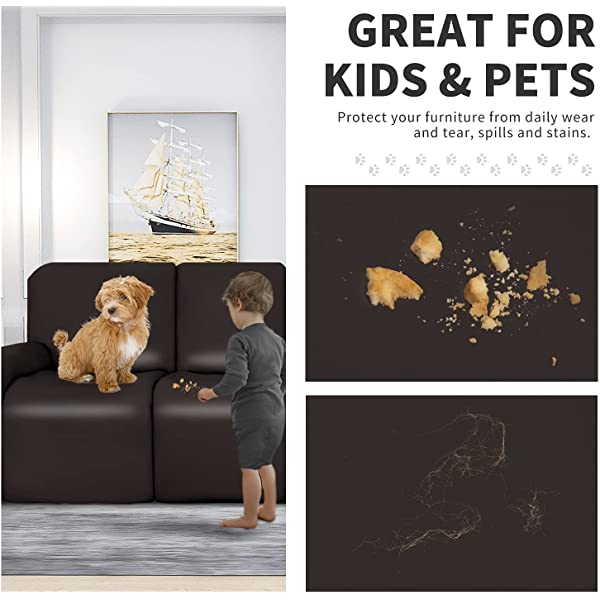 Easy-Going PU Leather Recliner Sofa Slipcovers, Waterproof Stretch Sofa Covers, 8 Pieces Stretch Furniture Protector, Elastic Strap Shield Pets Kids Children Cats Dogs Beige