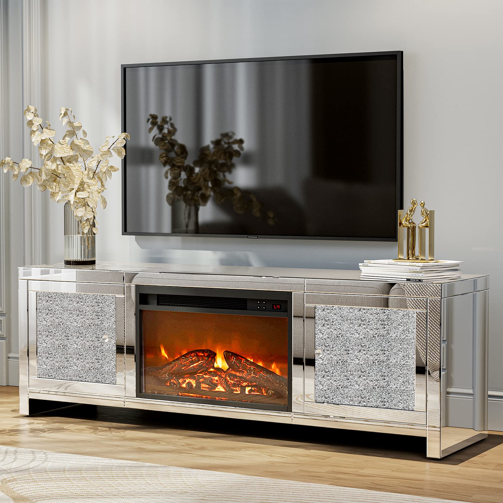 【Furniture】Mirrored Fireplace TV Stand, Mirrored Media Entertainment Center for TV up to 55 inch