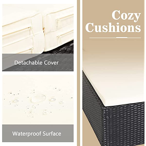 Salches Outdoor Rattan Daybed, Patio Loveseat Sofa Set w/Comfortable Cushions, Extra Pillows & Metal Foot, Sunbed Wicker Furniture for Yard/Poolside/Living Room/Garden/Porch (Red)