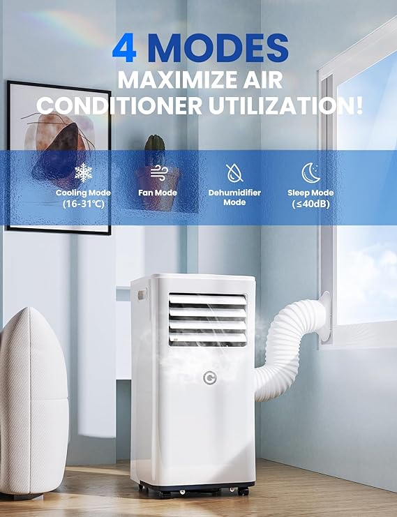 Air Conditioning Unit Portable Air Conditioner 9000 BTU 4-in-1 Dehumidifier, Cooling Fan with 2 Speeds, Digital Display & Remote Control, Window Kit