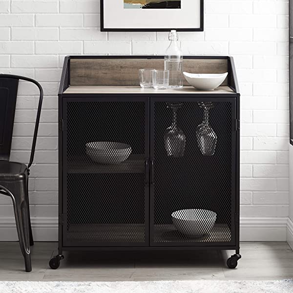 Walker Edison Malcomb Urban Industrial Metal Mesh Double Door Rolling Bar Cabinet, 33 Inch, Rustic Oak Rustic Oak 33 Inch