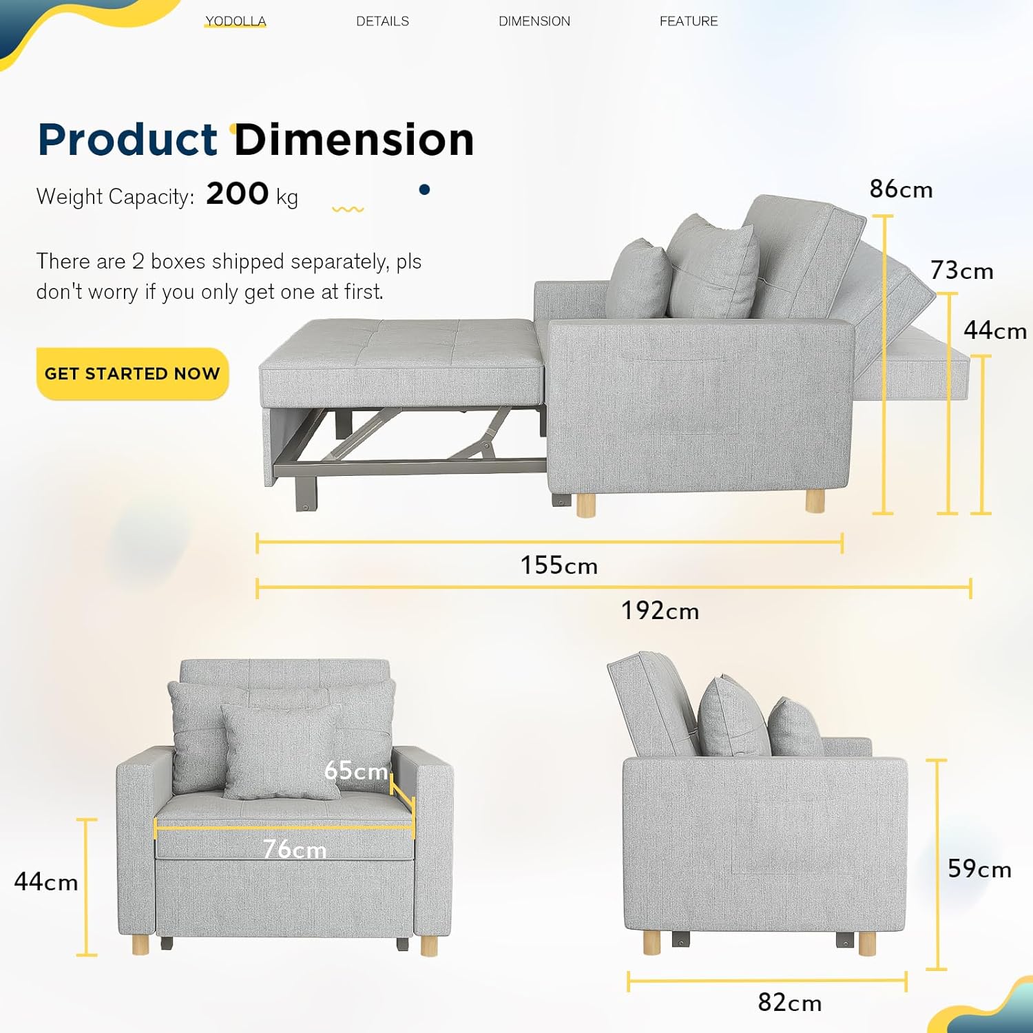 YODOLLA 3-in-1 Convertible Chair Bed, Sleeper Chair Bed, Pull Out Sleeper Chair Beds, Adjustable Single Armchair Sofa Bed with Side Pocket and Adjust Backrest Into a Sofa, Grey