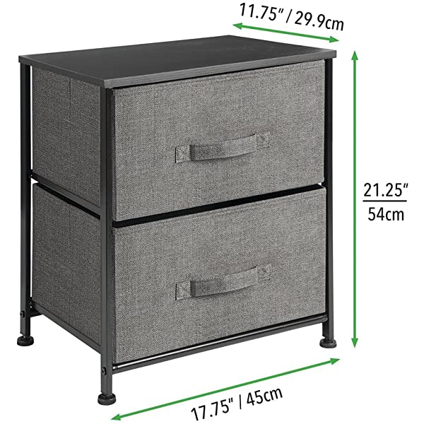 mDesign Storage Dresser End/Side Table Night Stand Furniture Unit - Small Standing Organizer for Bedroom, Office, Living Room, and Closet - 2 Drawer Removable Fabric Bins - Gray/White Grey
