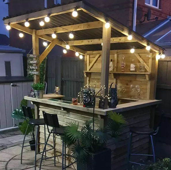 Garden Bar - Outdoor Treated Wood - Corrugated Waterproof Roof - Tiki Bar DIY Kit