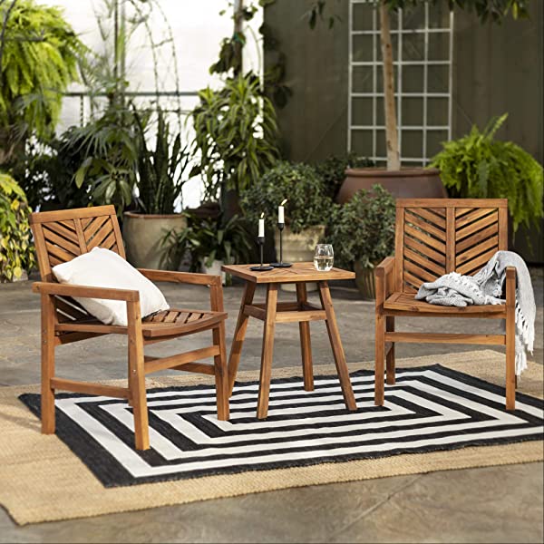 Walker Edison 5 Person Outdoor Wood Chevron Patio Furniture Dining Set Table Chairs Bench All Weather Backyard Conversation Garden Poolside Balcony, 4 Piece, Brown Brown 4 Piece Dining Set