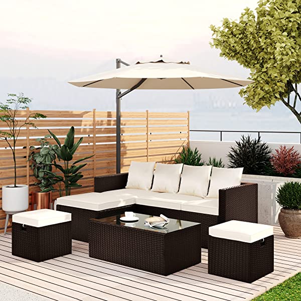 AWQM 5 Pieces Patio Furniture Sets All Weather Outdoor Sectional Sofa Manual Weaving Wicker Rattan Patio Conversation Set with Cushion and Glass Table, Brown 5 Piece Patio Furniture Sets