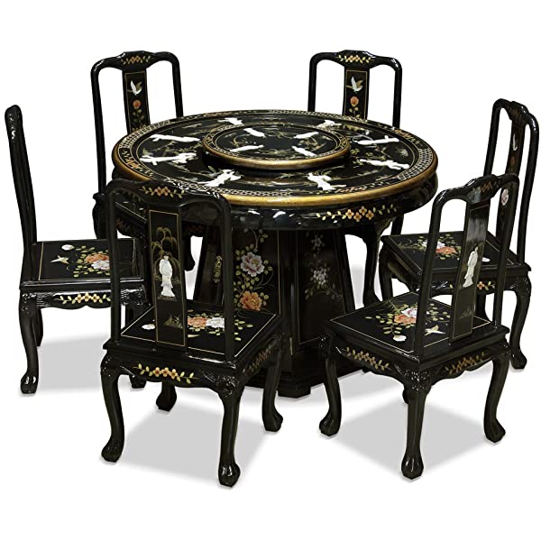 ChinaFurnitureOnline Black Lacquer Oriental Round Dining Table Set 6 Chairs 48in with Pearl Maidens