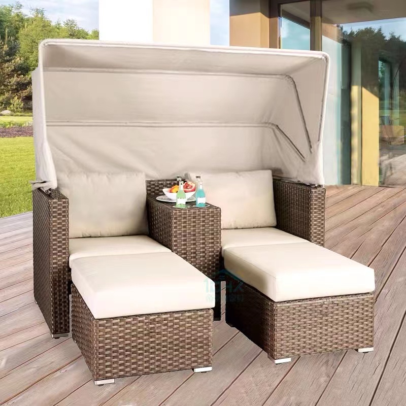 Rattan sofa outdoor sunshade double bed with canopy waterproof and sunscreen furniture