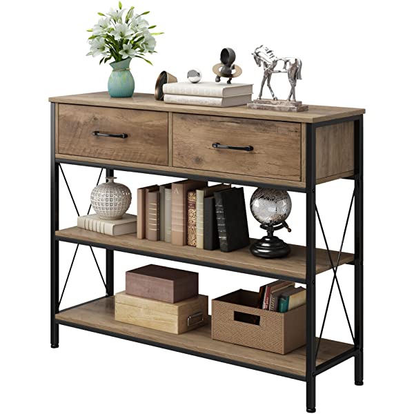 Console Table with Drawers, Rustic Hallway Table with Storage Shelves, Narrow Long Sofa Entryway Table for Living Room, Metal Frame, Dark Brown