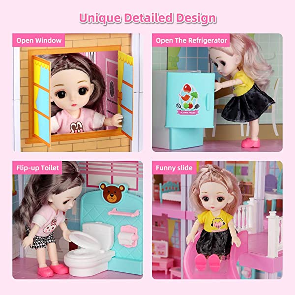 Doll House Kit,Dollhouse with Lights, Slide, Pets and Dolls, DIY Pretend Play Building Playset Toys with Asseccories and Furniture, Princess House for Toddlers, Kids Boy & Girl (11 Rooms)