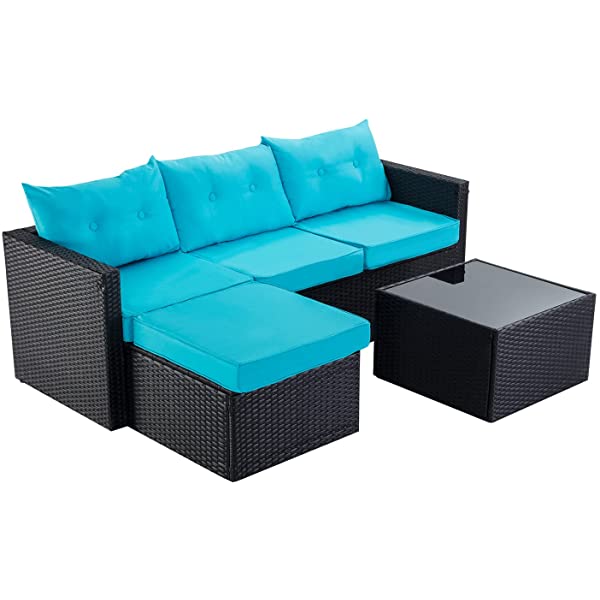 Allewie Dark Grey Patio Conversation Set, 3 Pieces PE Wicker Rattan Outdoor Furniture Set, Lounge Sofa and Loveseat with Cushions, Tempered Glass Coffee Table (Black & Dark Grey) Dark Grey & Black