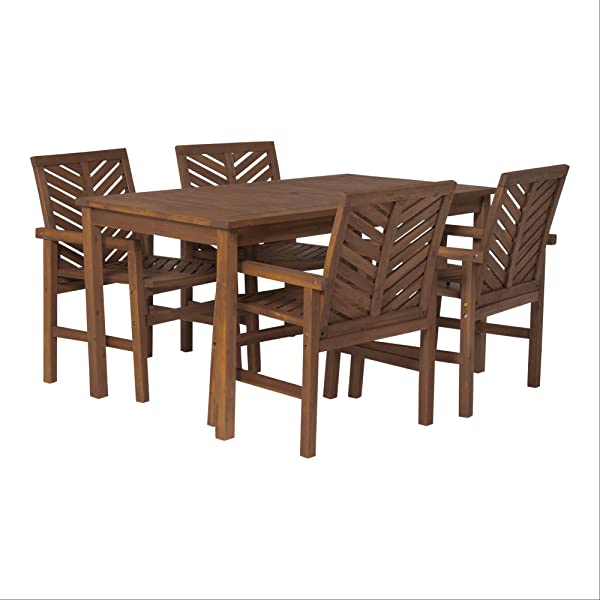 Walker Edison 5 Person Outdoor Wood Chevron Patio Furniture Dining Set Table Chairs Bench All Weather Backyard Conversation Garden Poolside Balcony, 4 Piece, Brown Brown 4 Piece Dining Set