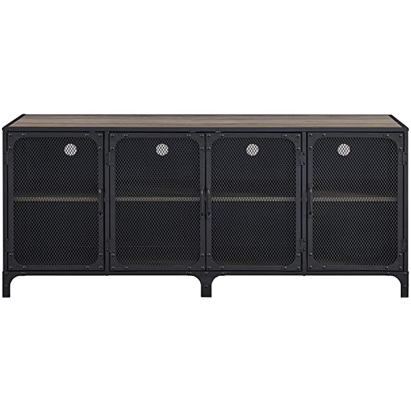 Walker Edison Malcomb Urban Industrial Metal Mesh Double Door Rolling Bar Cabinet, 33 Inch, Rustic Oak Rustic Oak 33 Inch