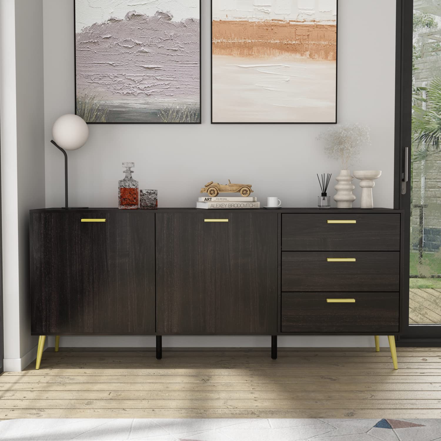 【Furniture】Buffet Sideboard with 3 Drawers & 2 Doors Storage, Buffet Cabinet Sideboard Credenza Coffee Bar Cabinet