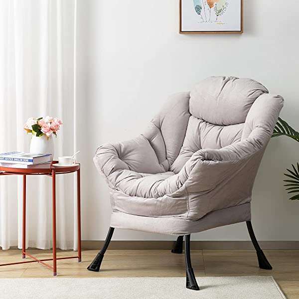 AbocoFur Modern Large Cotton Fabric Lazy Chair，Accent Contemporary Lounge Chair, Single Steel Frame Leisure Sofa Chair with Armrests and A Side Pocket, Beige