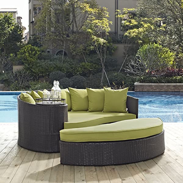 Modway Convene Wicker Rattan Outdoor Patio Poolside Sectional Sofa Daybed with Cushions in Espresso Turquoise