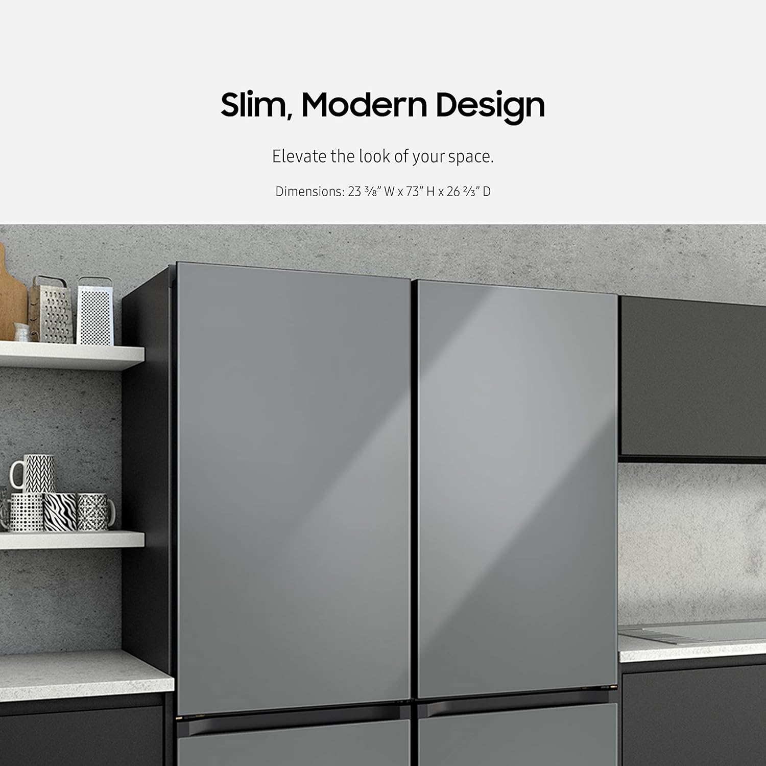 SAMSUNG 12.0 Cu Ft BESPOKE Compact Refrigerator w/ Bottom Freezer, Flexible Slim Design for Small Spaces, Even Cooling, Reversible Door, LED Lighting, Energy Star Certified, RB12A300631/AA, Gray Glass