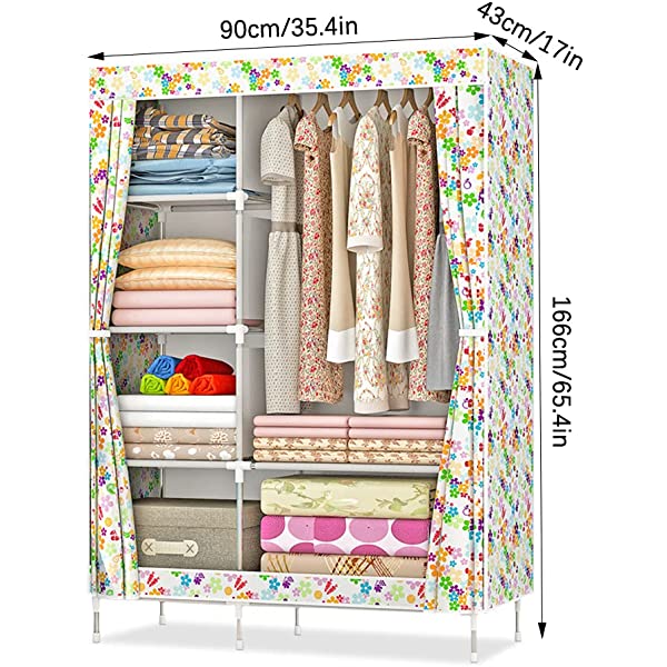 QUMENEY Wardrobe Storage Closet, Portable Clothes Standing Shelves Organizer, Extra Strong and Durable Non-Woven Fabric Rack with Hanging Rods, Quick and Easy to Assemble (Pink Dots)