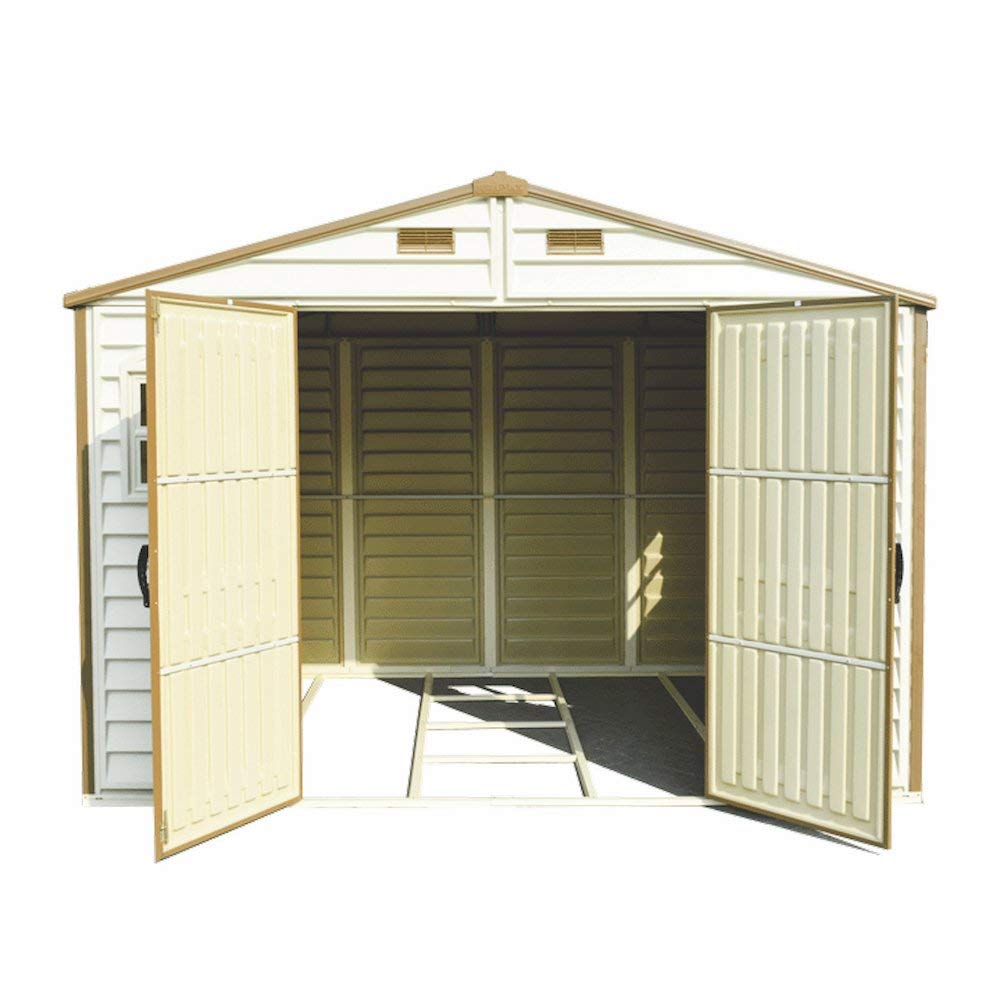 Duramax WoodSide 10 x 8 (8.02 m2) Plastic Garden Shed with 3 Fixed Windows & Metal Foundation Kit, Strong Metal Roof Structure Fire Retardant and Maintenance-Free Storage Shed
