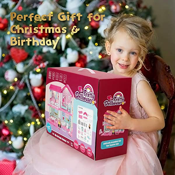 Doll House Kit,Dollhouse with Lights, Slide, Pets and Dolls, DIY Pretend Play Building Playset Toys with Asseccories and Furniture, Princess House for Toddlers, Kids Boy & Girl (11 Rooms)