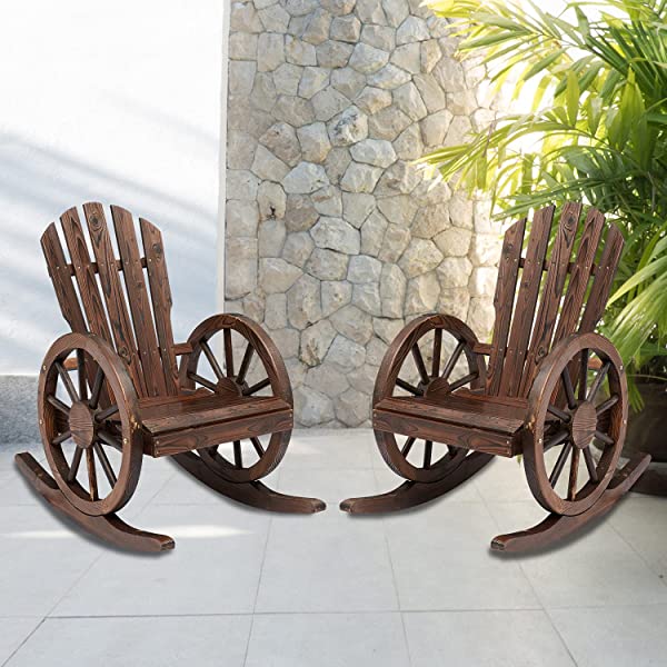 Kinsunny Rustic Wood Wagon Rocking Chair Outdoor Patio Lounge Rocker Set with Wheel Armrest for Garden, Country, Yard 1pc