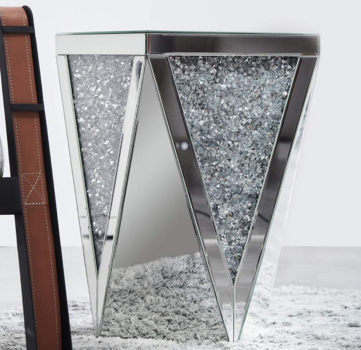 Mirrored End Table with Crystal Inlay, Square Modern Side Table Silver Accent Table, Drum End Table for Living Room Bedroom from MIREO Fine Furniture