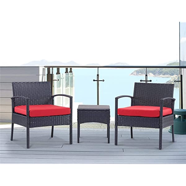 PROHIKER 3 PCS Patio Rattan Conversation Chair Set, 3 PCS Patio Wicker Rattan Furniture Set, Patio Wicker Rattan Table Red