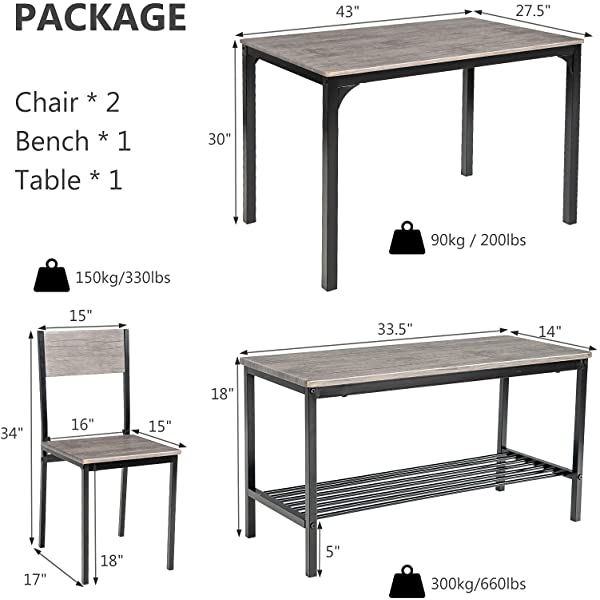 Giantex Dining Table Set for 4, Kitchen Table with Bench and Chairs, Industrial Gathering Bench Dining Set W/Metal Frame & Storage Rack, Dinette Set, Modern Functional Desk Set (Black Oak)