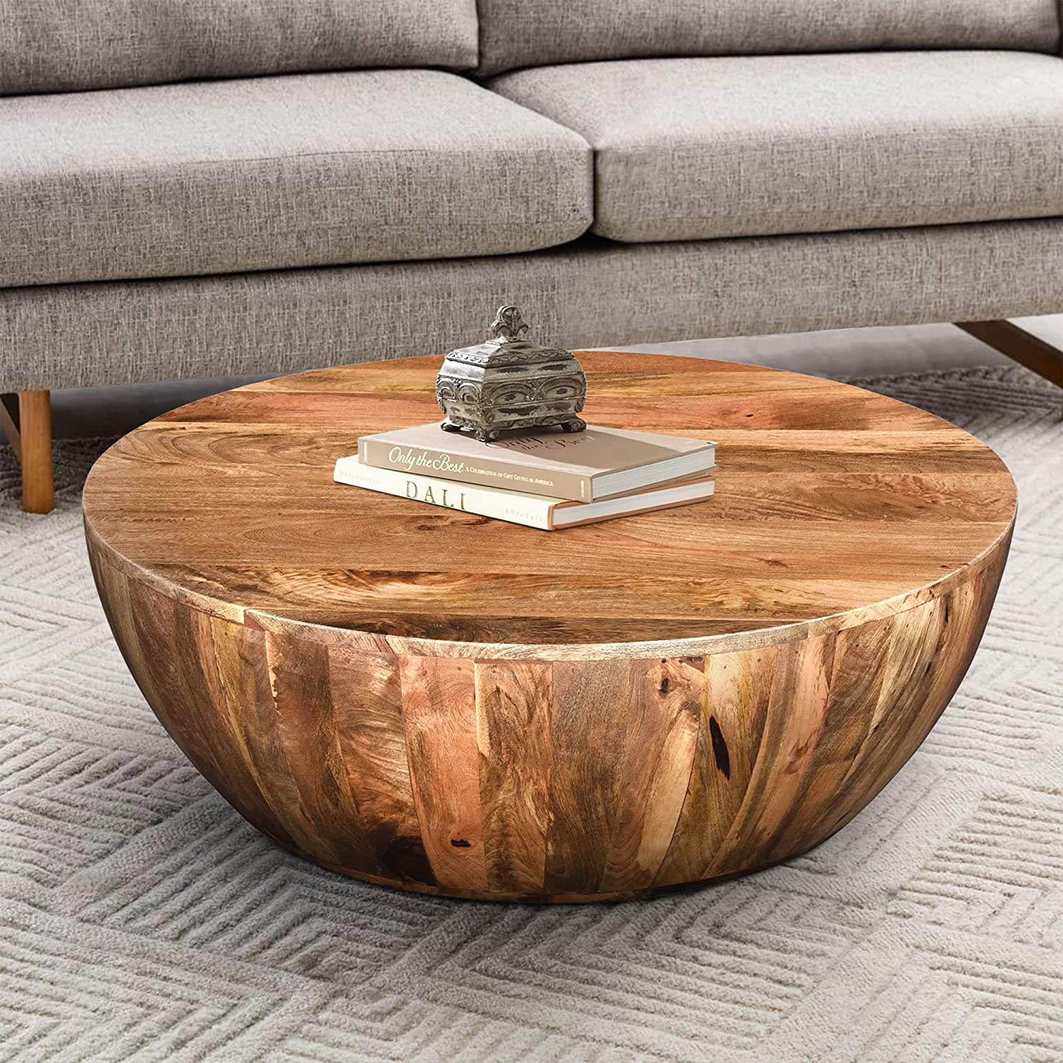 【Furniture】Drum Shape Wooden Coffee Table with Plank Design Base, Brown