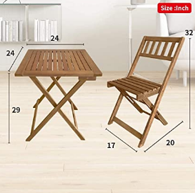 3 Pieces Outdoor Patio Furniture Set Wood Folding Patio Bistro Set Outdoor Bistro Set Table and Chairs Set with 2 Chairs and Square Table for Pool Beach Backyard Balcony Porch Deck Garden