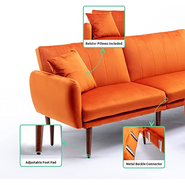 JOMEED Convertible Sectional Sofa Bed with Adjustable Backrest Modern Velvet Fabric L-Shaped Couch with Extra 2 Pillows Wide Chaise Lounge for Living Room (Orange)
